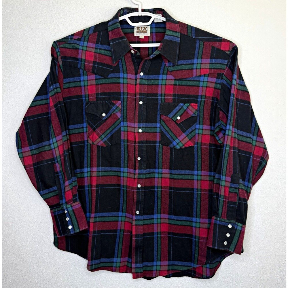 Vintage Ely Cattleman Western Shirt Men’s XL Plaid Pearl Snap Red Green Blue